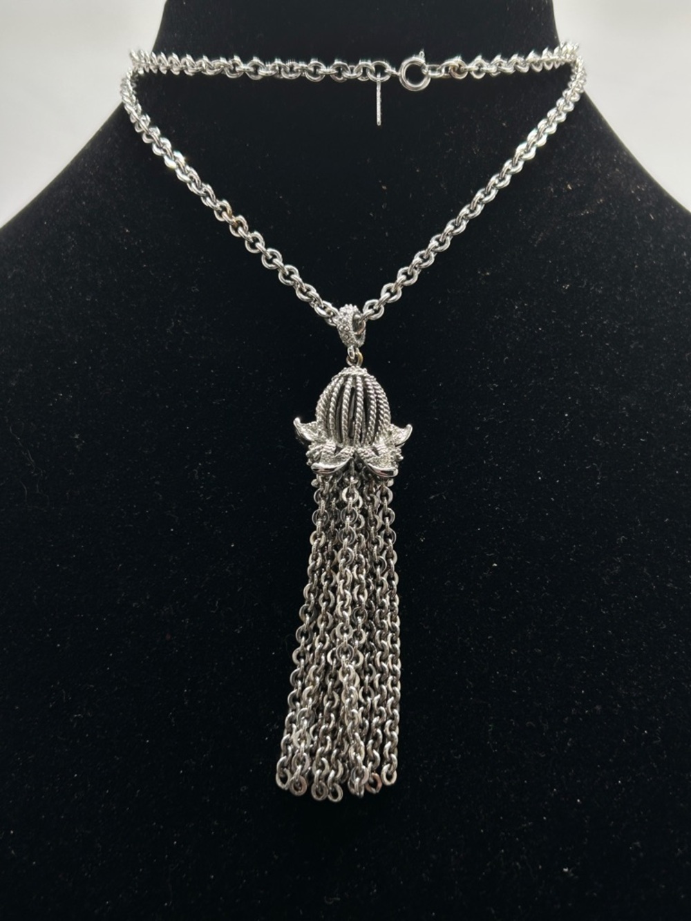 Monet, Long Silver Necklace With Silver Chain Tassel, Vintage